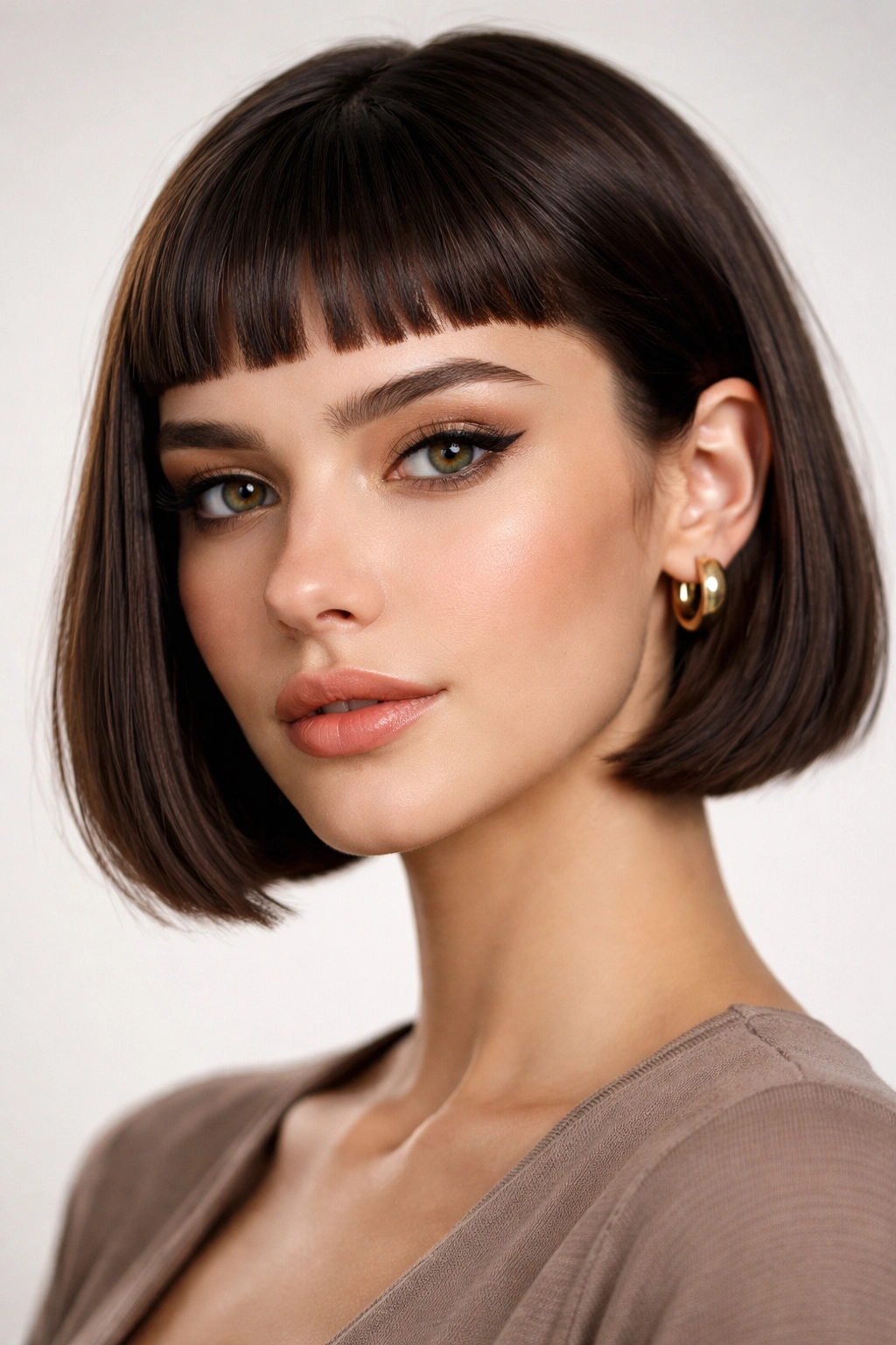 Close-up of micro bangs bob with ultra-short fringe on a model
