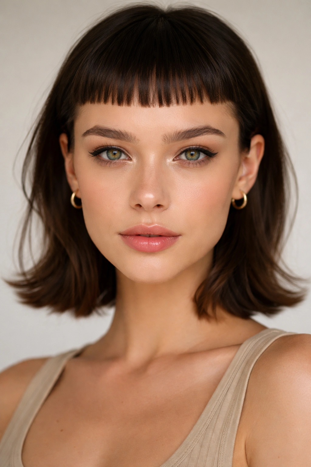Close-up of micro bangs high on the forehead