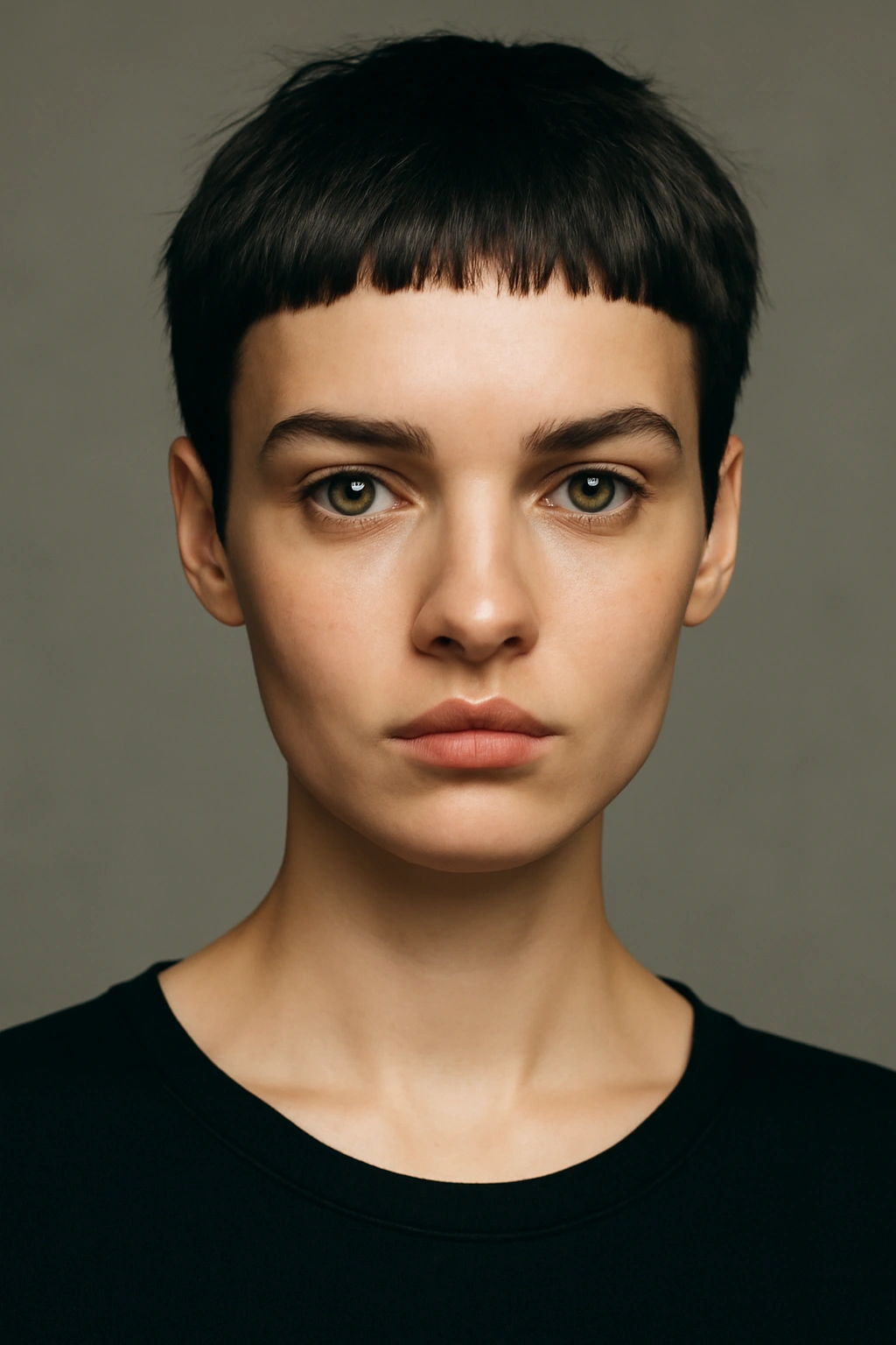 Portrait emphasizing ultra-short micro bangs above the eyebrows