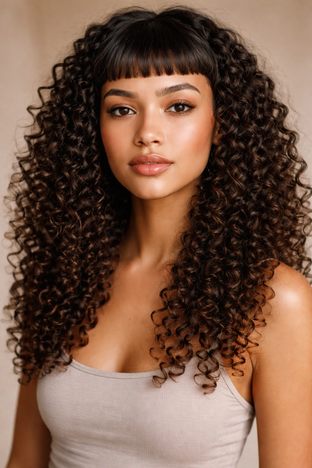 20 Curly Haircuts Broken Down By Curl Type 14 Blunt micro bangs with defined 3B-3C curls framing the face