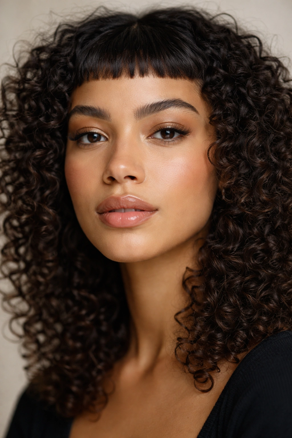 Extreme close-up of micro bangs on curly hair