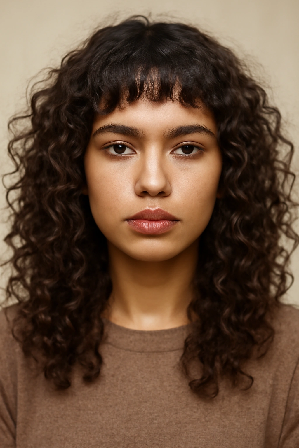 Close-up of micro bangs with long curly layers framing the face