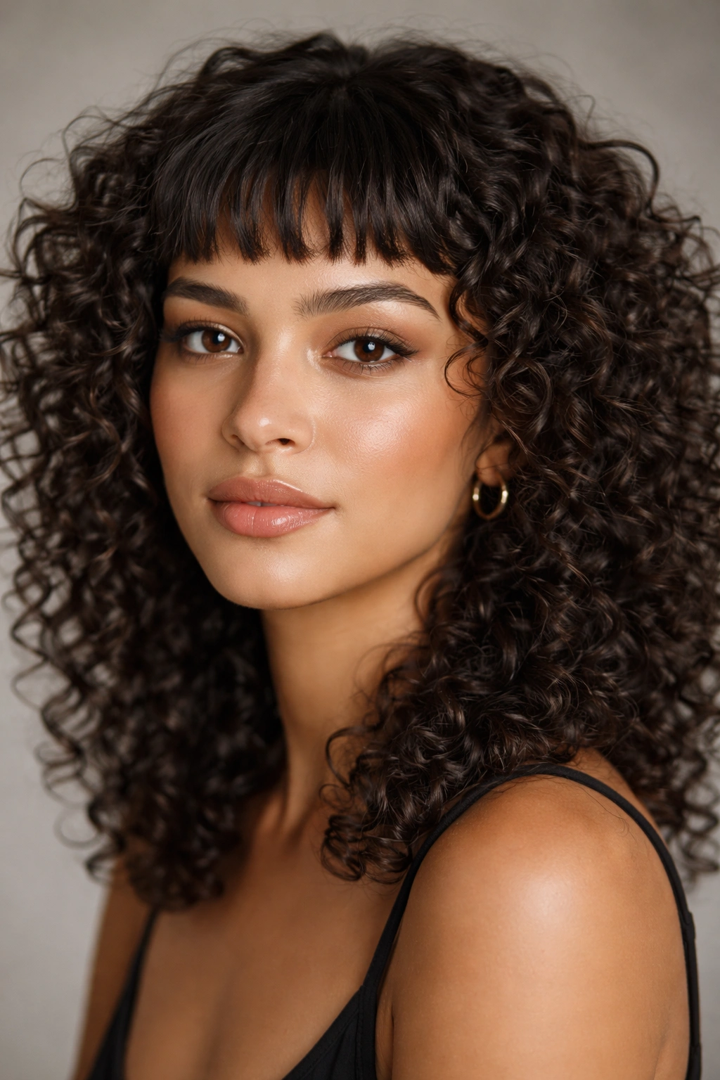 18 Gorgeous Ways To Wear Bangs With Curly Hair 1 Close-up of micro bangs on curly hair above the eyebrows highlighting texture