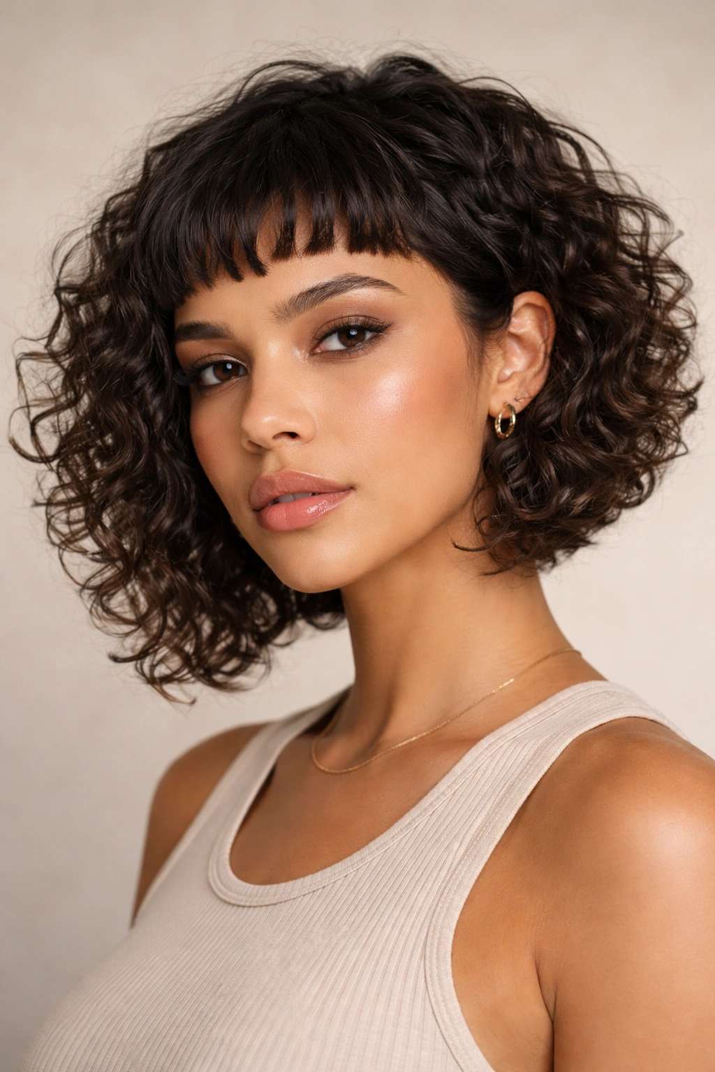 Curly bob with textured micro bangs and angled sides