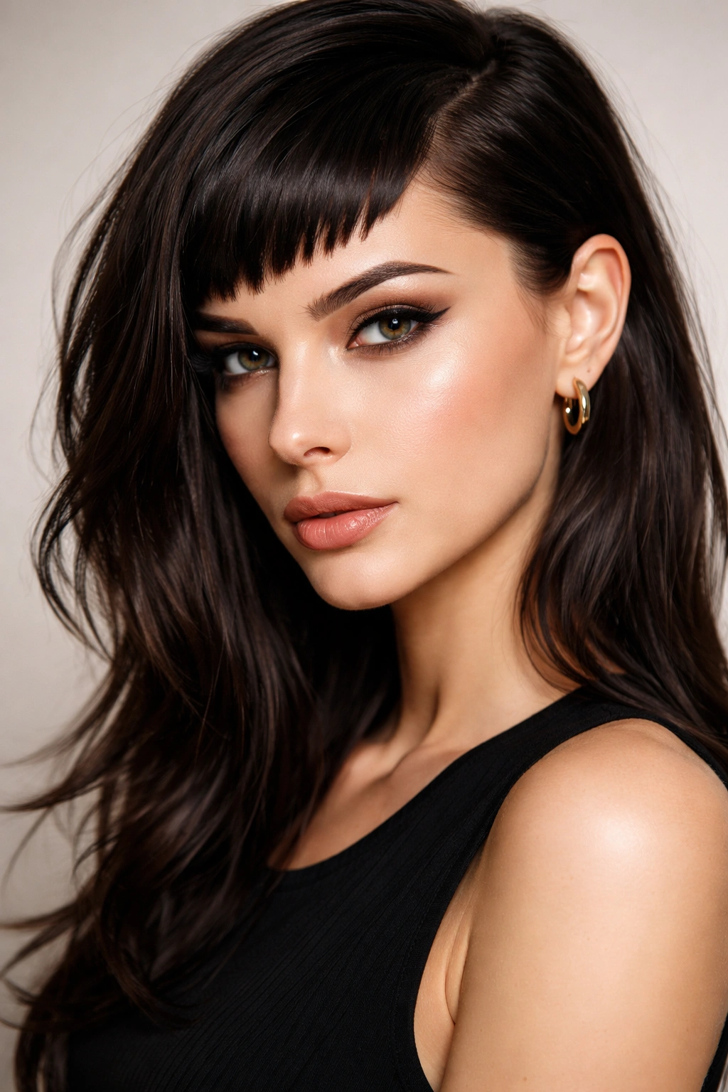 Micro bangs with dramatic side part creating bold framing