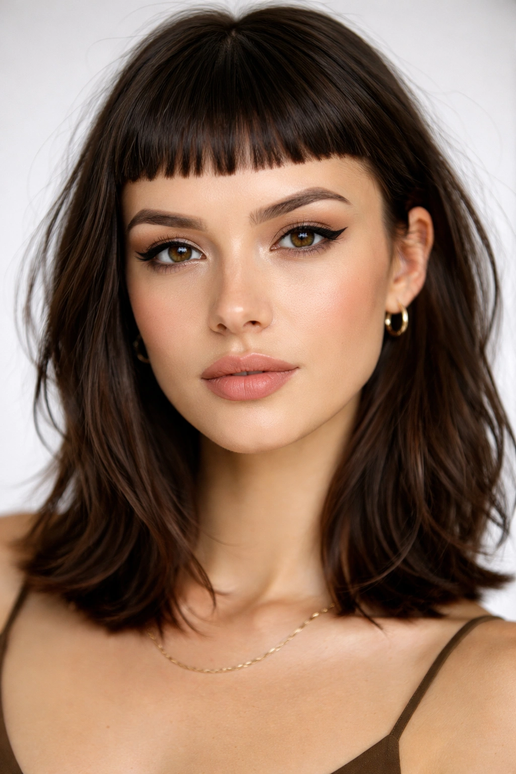 12 Bang Styles For Medium Hair To Try Next 6 Close-up of micro bangs just above the eyebrows on a fashion-forward look