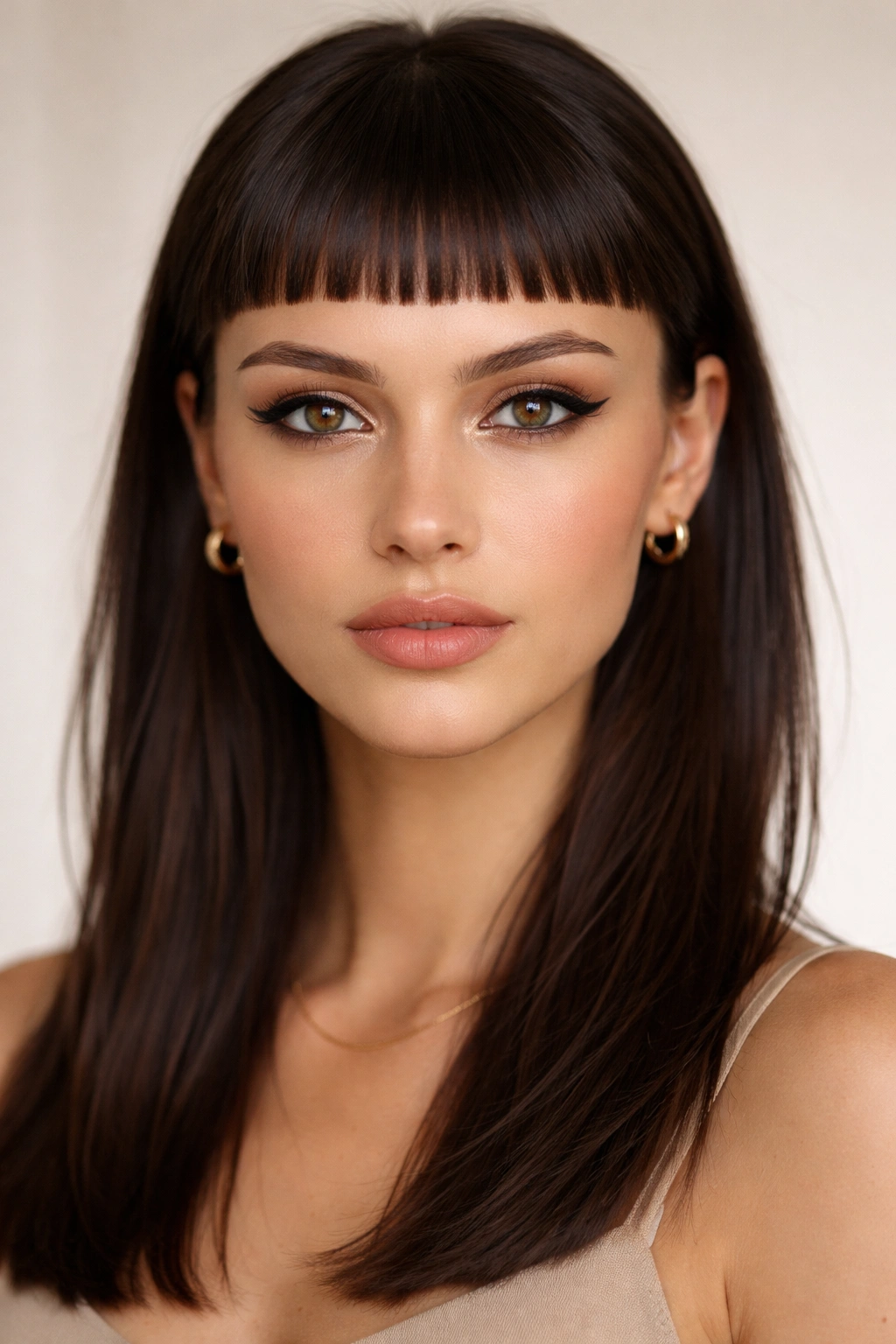 Close-up of high micro fringe with crisp texture on straight hair