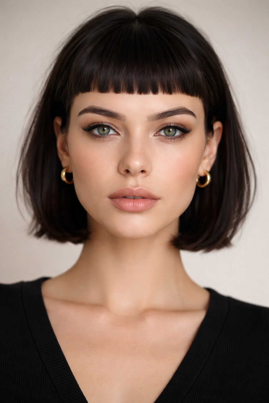 Micro bangs hairstyle close-up above the eyebrows