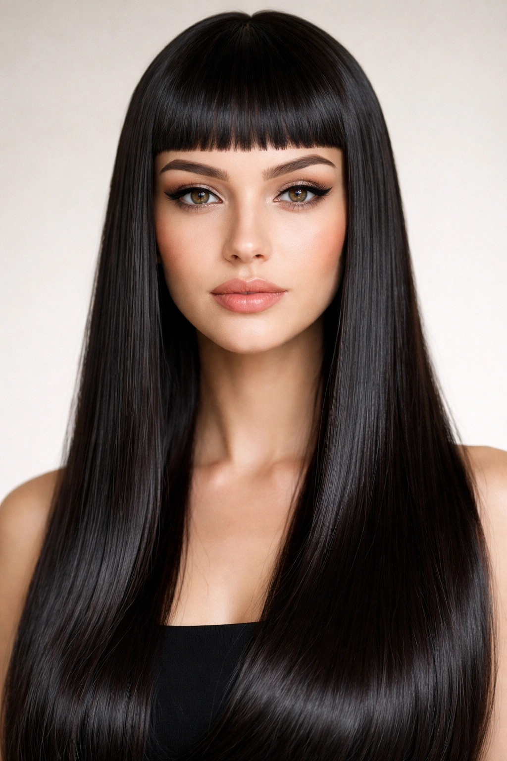 15 Hairstyles That Flatter An Oval Face Shape 11 Glossy straight hair with micro bangs and sleek finish