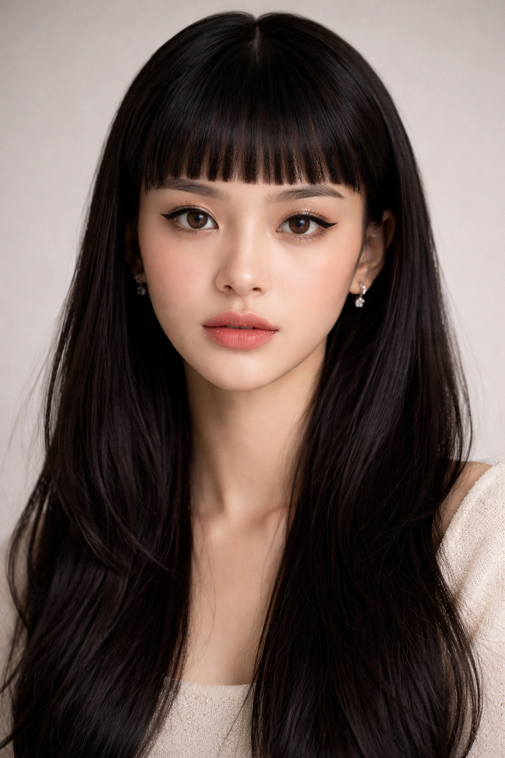 Close-up portrait of a person with ultra-blunt micro bangs framing the eyes, studio lighting.
