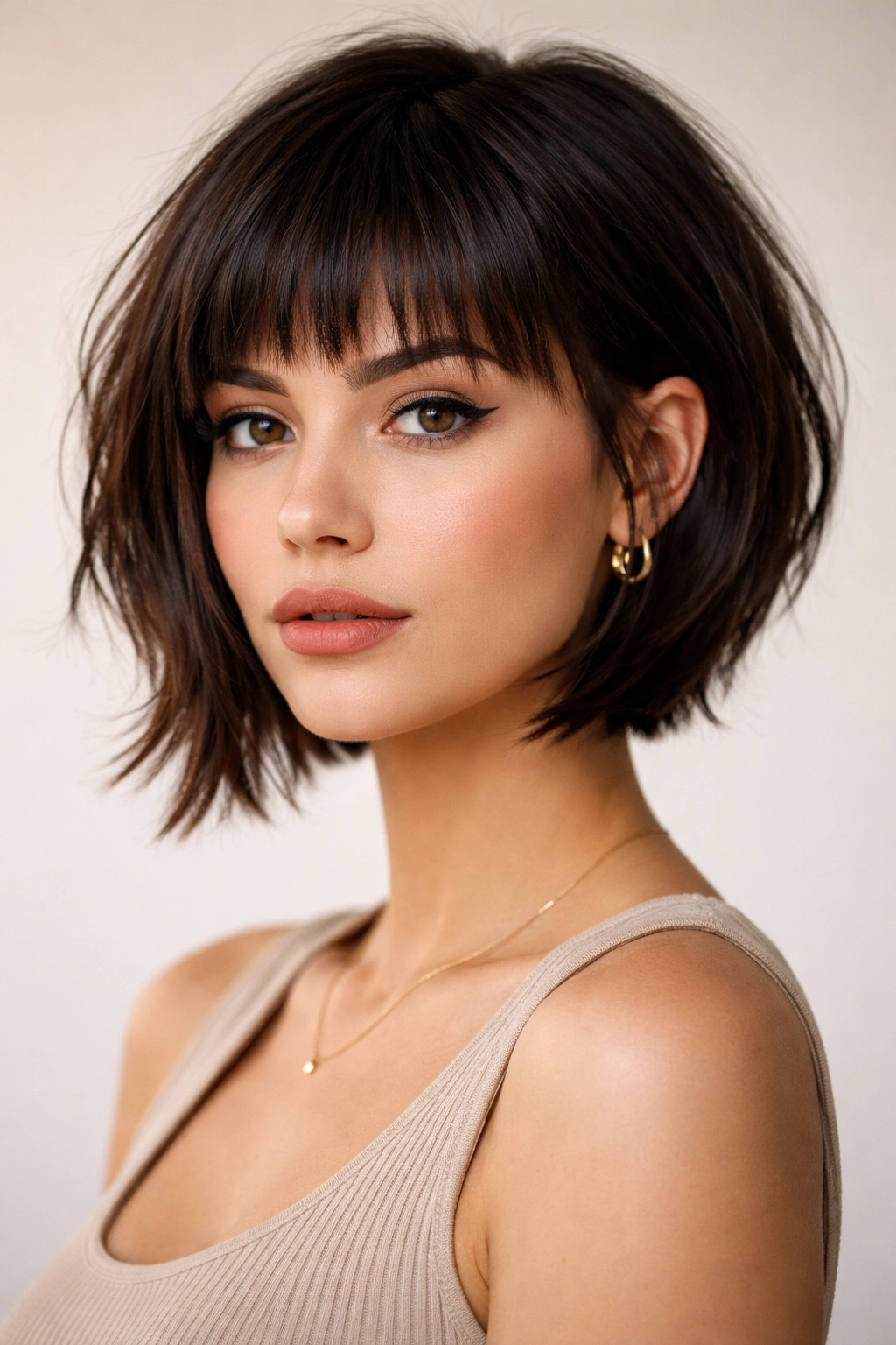 10 Inverted Bob Cuts That Add Volume And Shape 4 Portrait of a person with inverted bob and textured micro bangs framing the face.