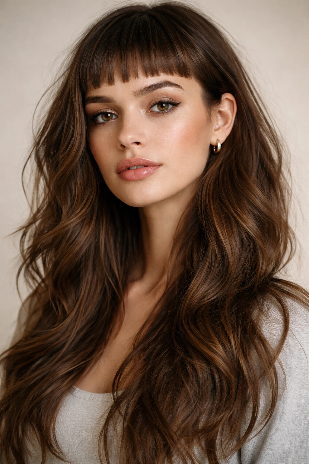 Close-up of a model with micro bangs and long layered waves