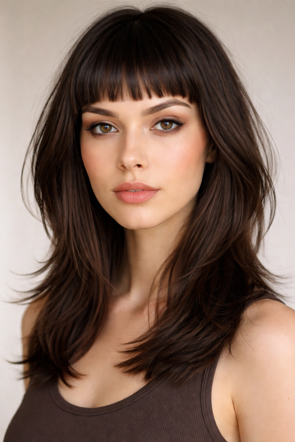 Close-up of micro bangs with soft layered sides on medium-length hair.