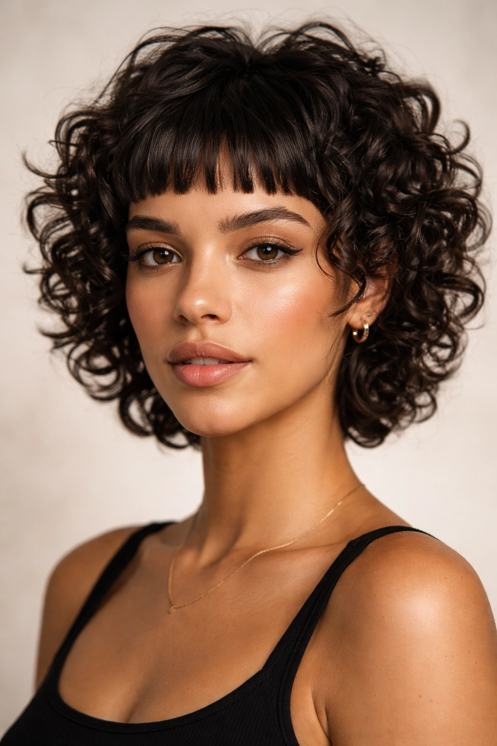 Close-up of micro bangs with short layered curls for a bold, modern look