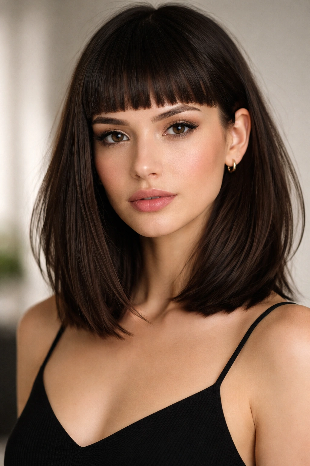 Lob with micro-bangs just above the eyebrows in bold, modern styling