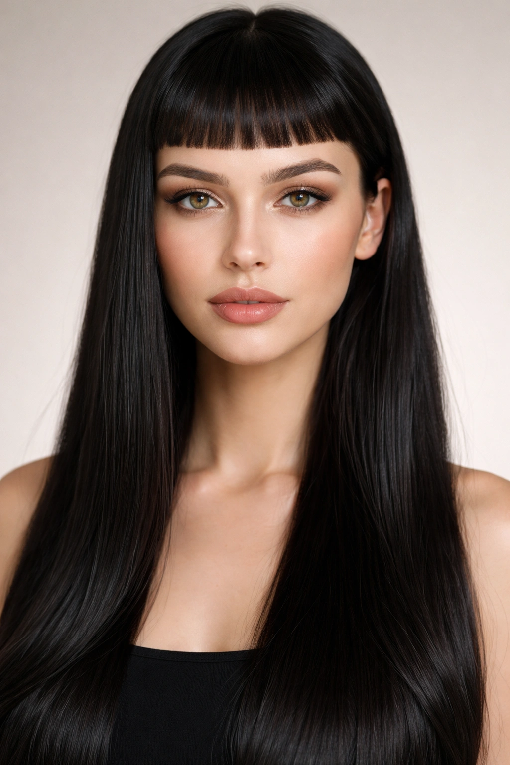 Close-up of micro bangs with long straight hair