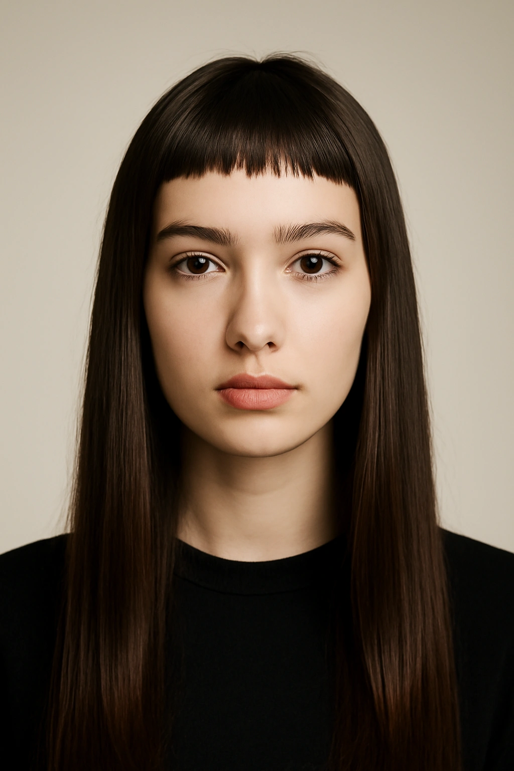 Close-up of micro bangs with long straight hair