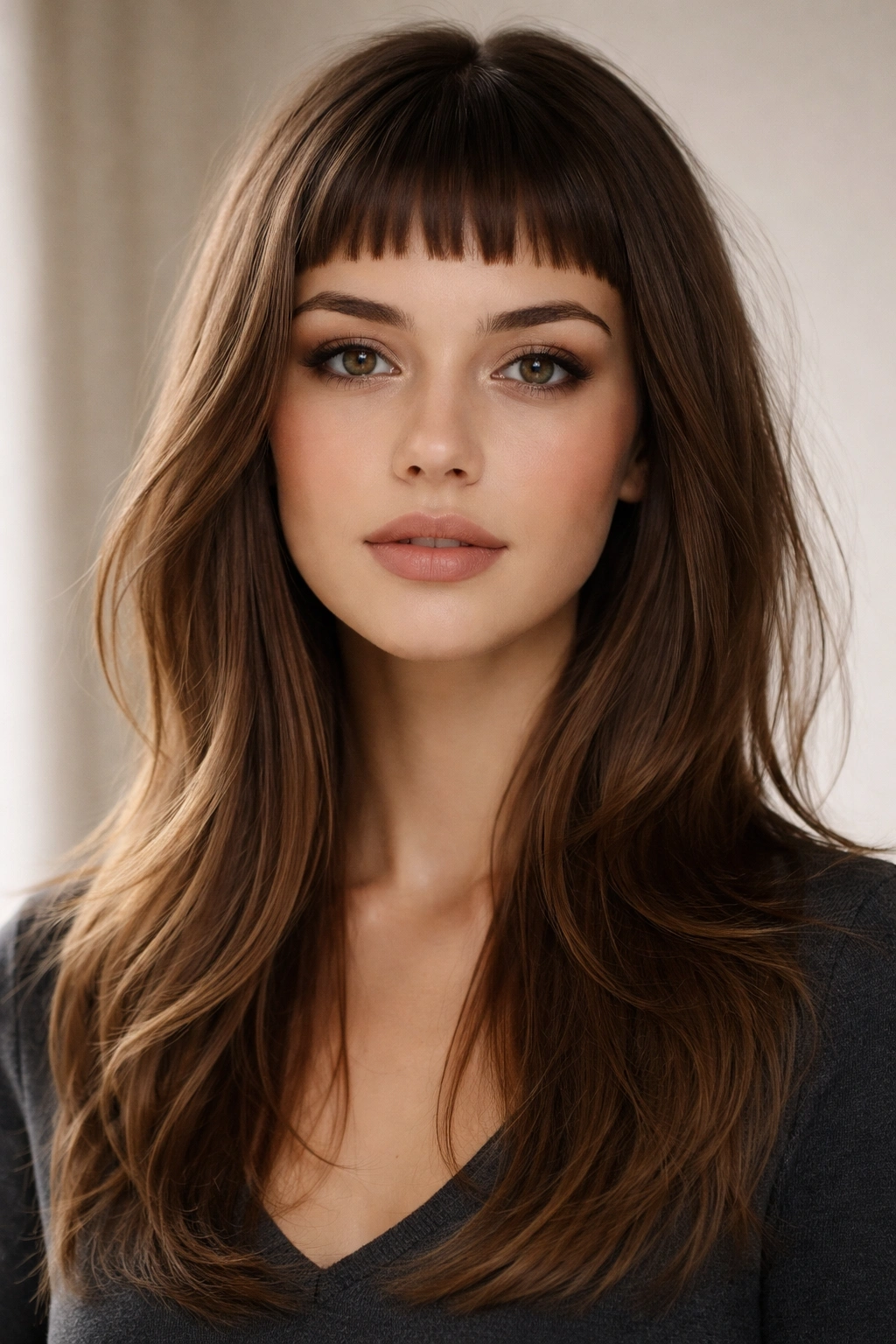20 Medium Hairstyles With Bangs For Any Face 4 Hair with micro bangs high on the forehead and long layered hair.
