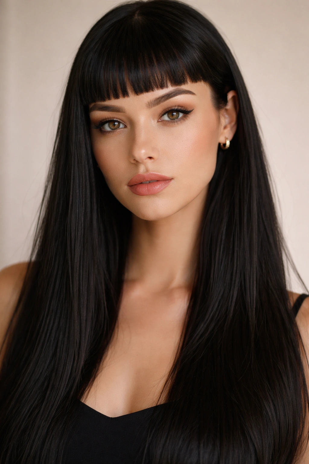25 Long Haircuts For Women With Every Hair Type 7 Close-up of micro-bangs with long straight hair in studio lighting