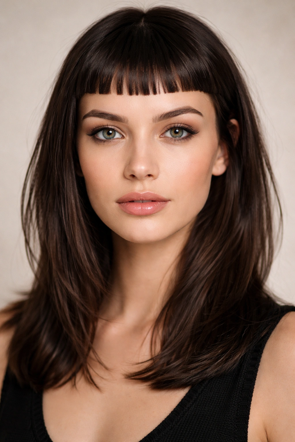 Close-up portrait with micro bangs above the eyebrows