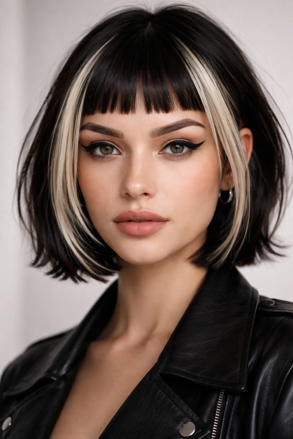 Close-up of micro bangs with bold money piece highlights framing the forehead.