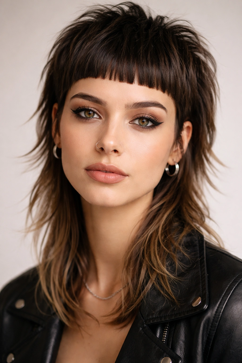 Portrait of a mullet with short blunt micro bangs and a textured back.