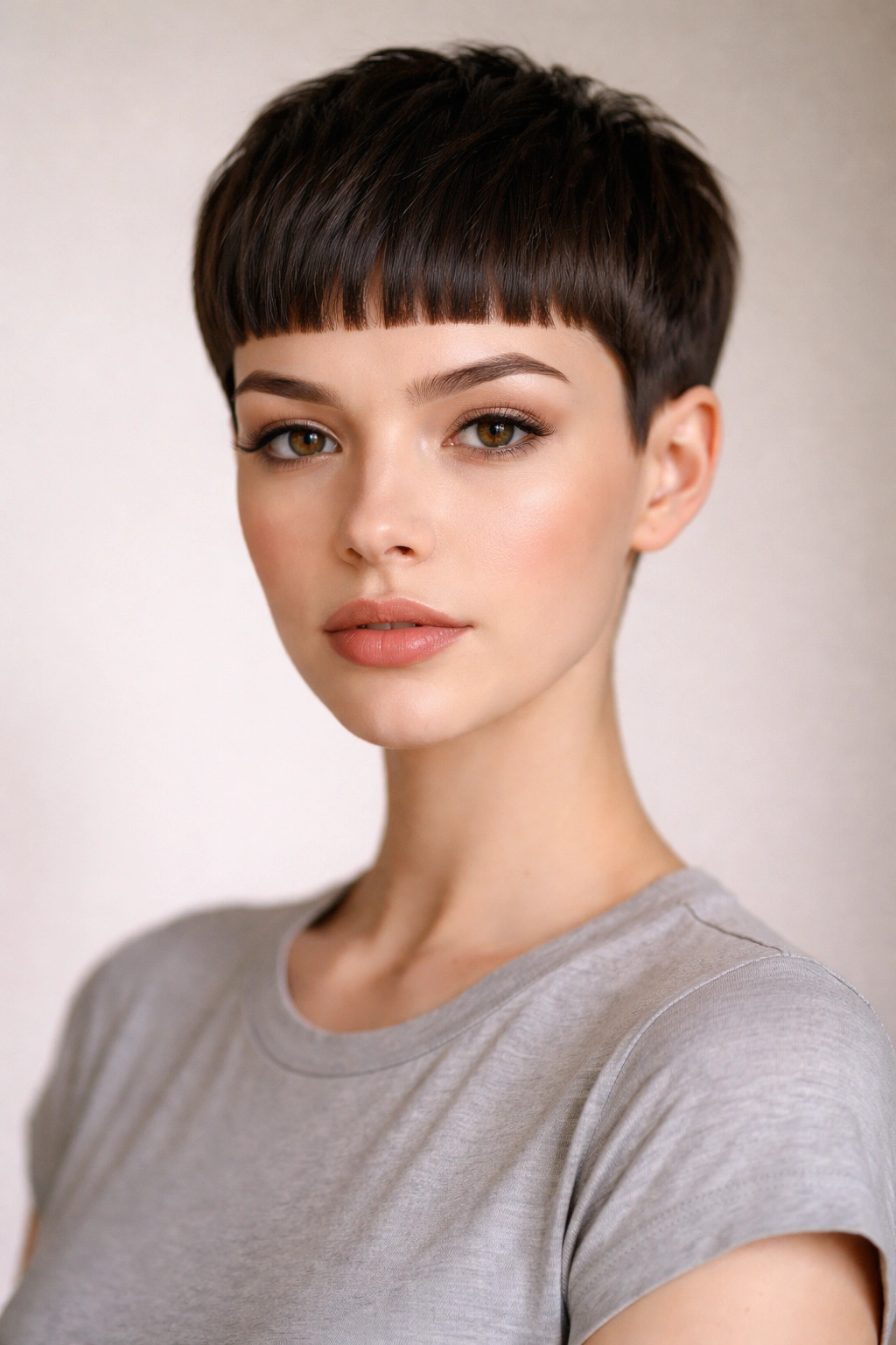10 Short Haircuts That Work With A Small Forehead 1 Portrait of micro bangs pixie hairstyle with blunt high bangs