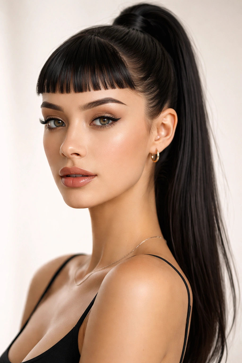 12 Hairstyles With Bangs That Suit Long Faces 5 Front view of micro bangs with a sleek high ponytail exposing the face