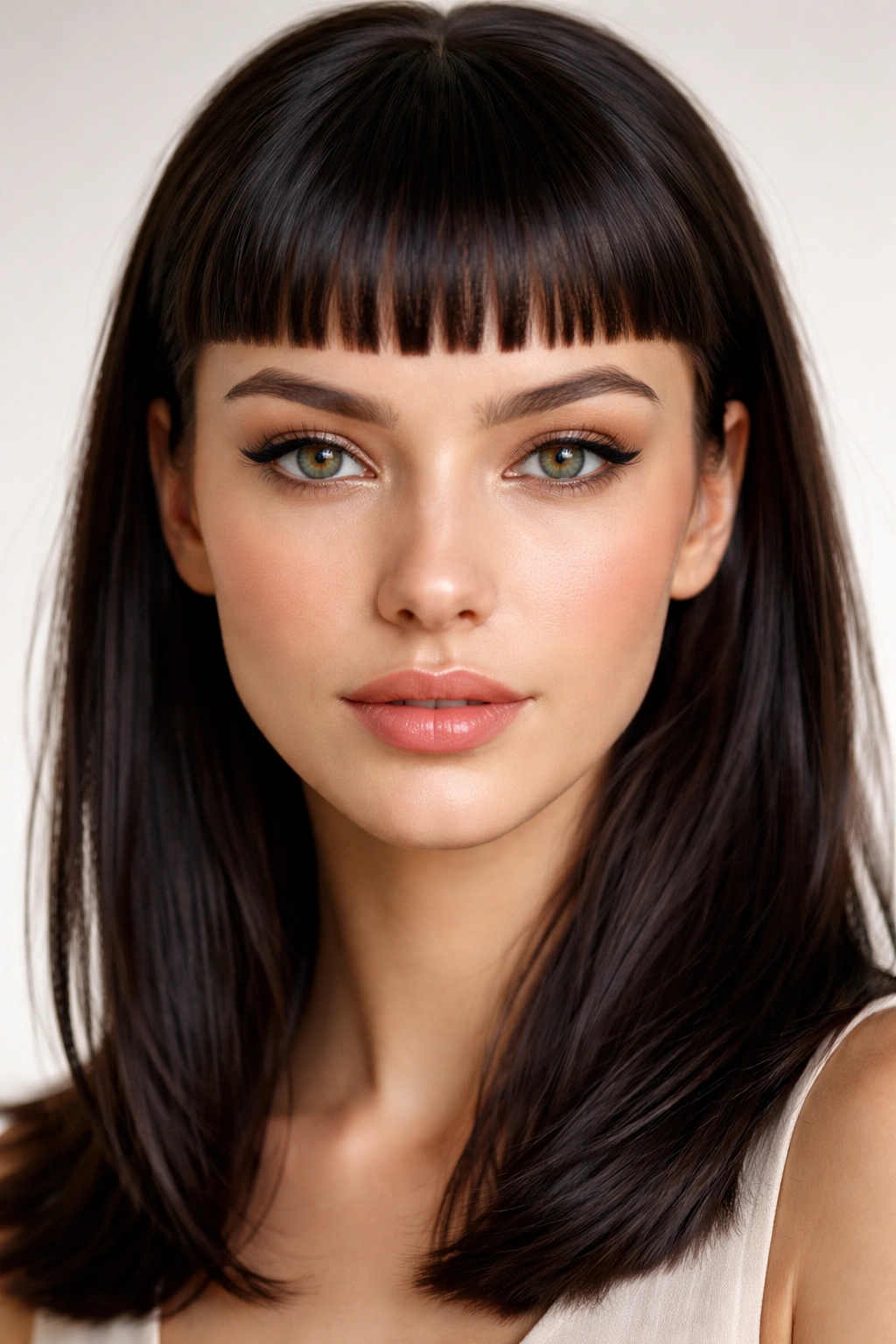 Close-up of a person with micro bangs, a very short fringe above the brows.