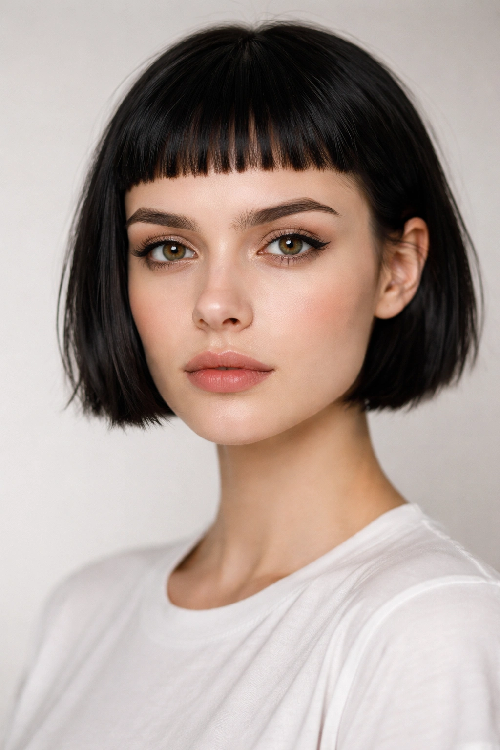 Close-up portrait of a person with micro bangs on a short straight haircut, studio lighting