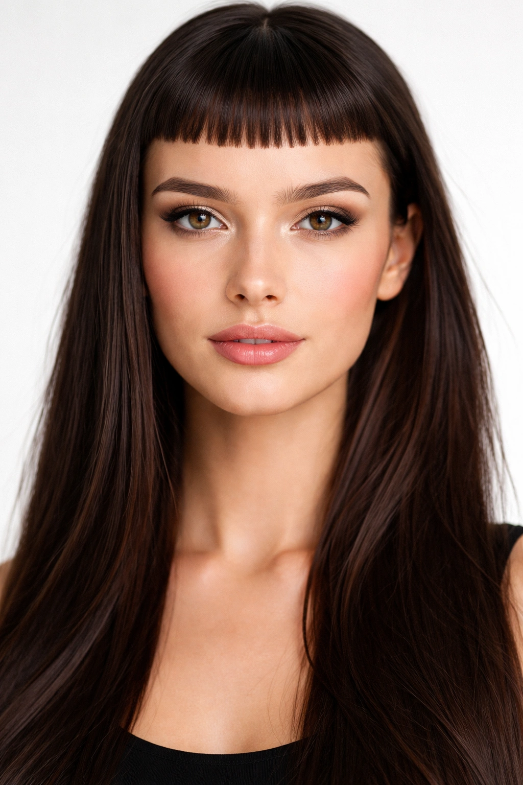Close up of micro bangs sitting high on the forehead