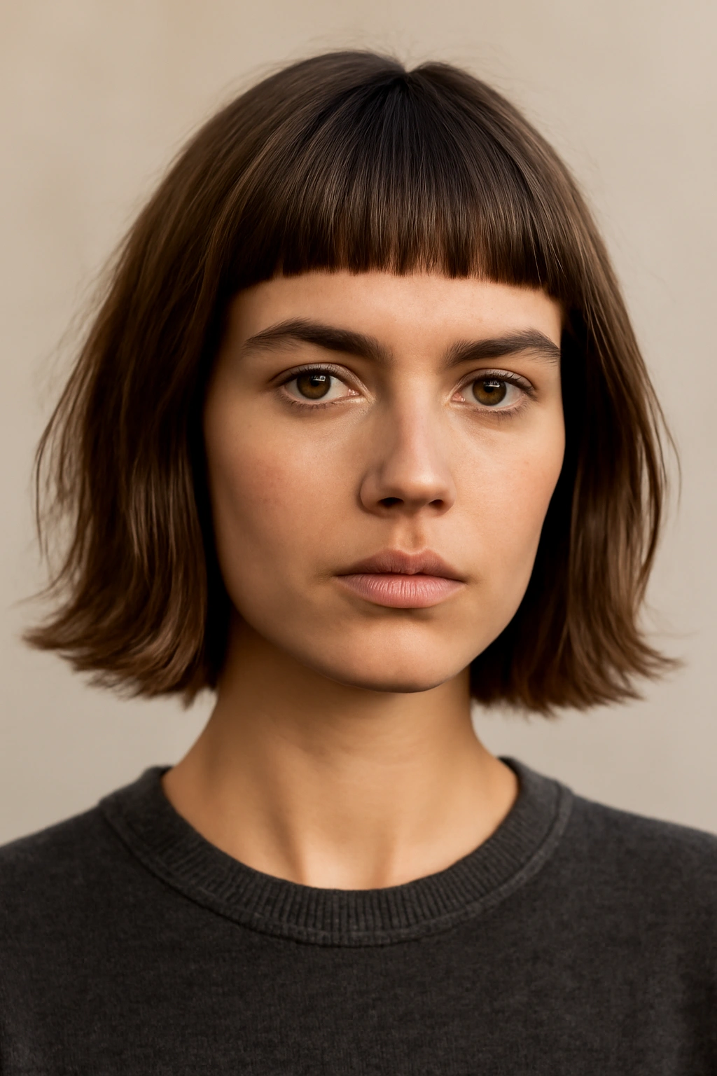 12 Cuts That Hit Right Above the Shoulders (And Look So Good) 9 Portrait of a model with blunt micro bangs and shoulder-length layered hair in a neutral studio.