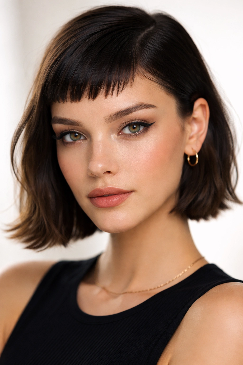 10 Face Framing Bang Styles With A Side Part 2 Close-up of a model with micro bangs and a side part highlighting bold fringe