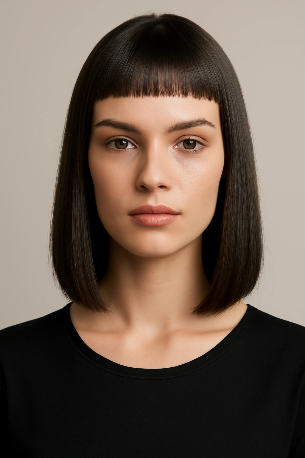 Head-and-shoulders portrait of micro bangs with sleek shoulder-length hair