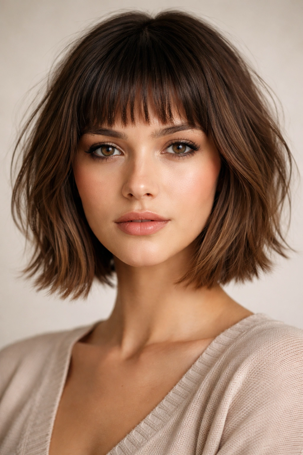 Front view of a textured bob with micro bangs framing the face.