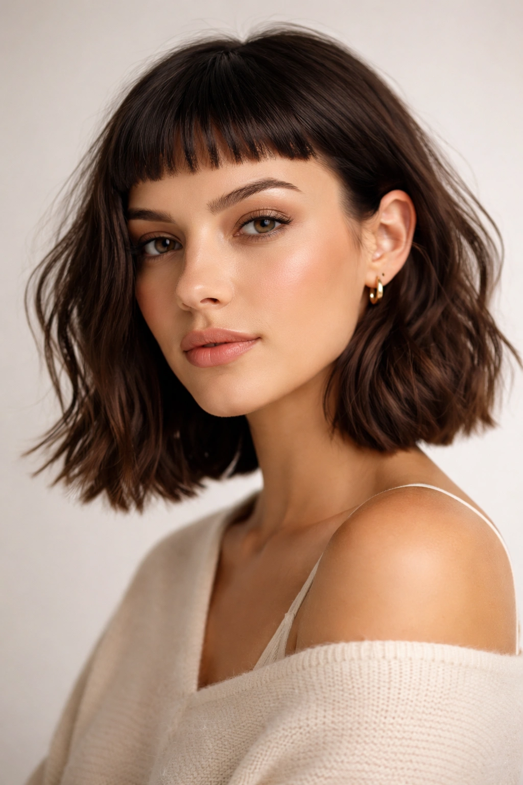 Portrait of a person with micro bangs and textured lob in a clean studio