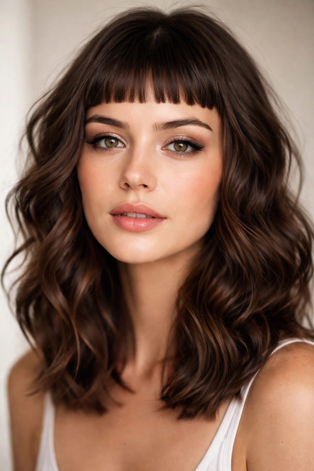 15 Bang Styles That Pair Well With Medium Hair 13 Close-up of micro-bangs with waves on medium-length hair, studio lighting.