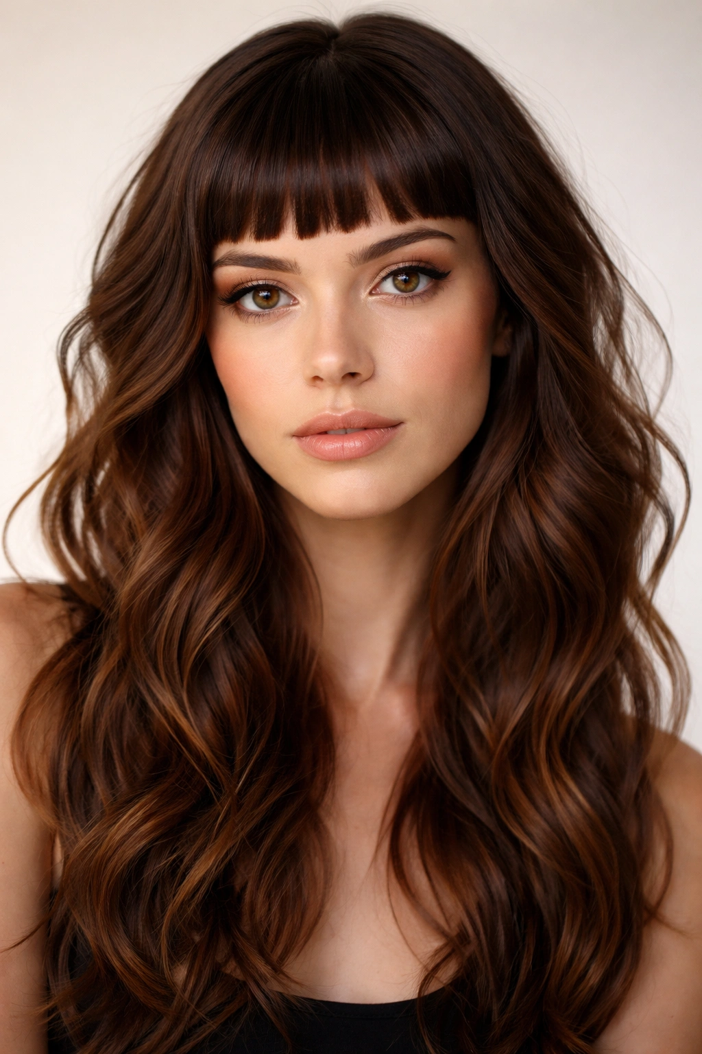 20 Wavy Haircuts Women Keep Requesting In Salons 8 Close-up of eyebrow-length micro bangs with long waves in warm brown hair