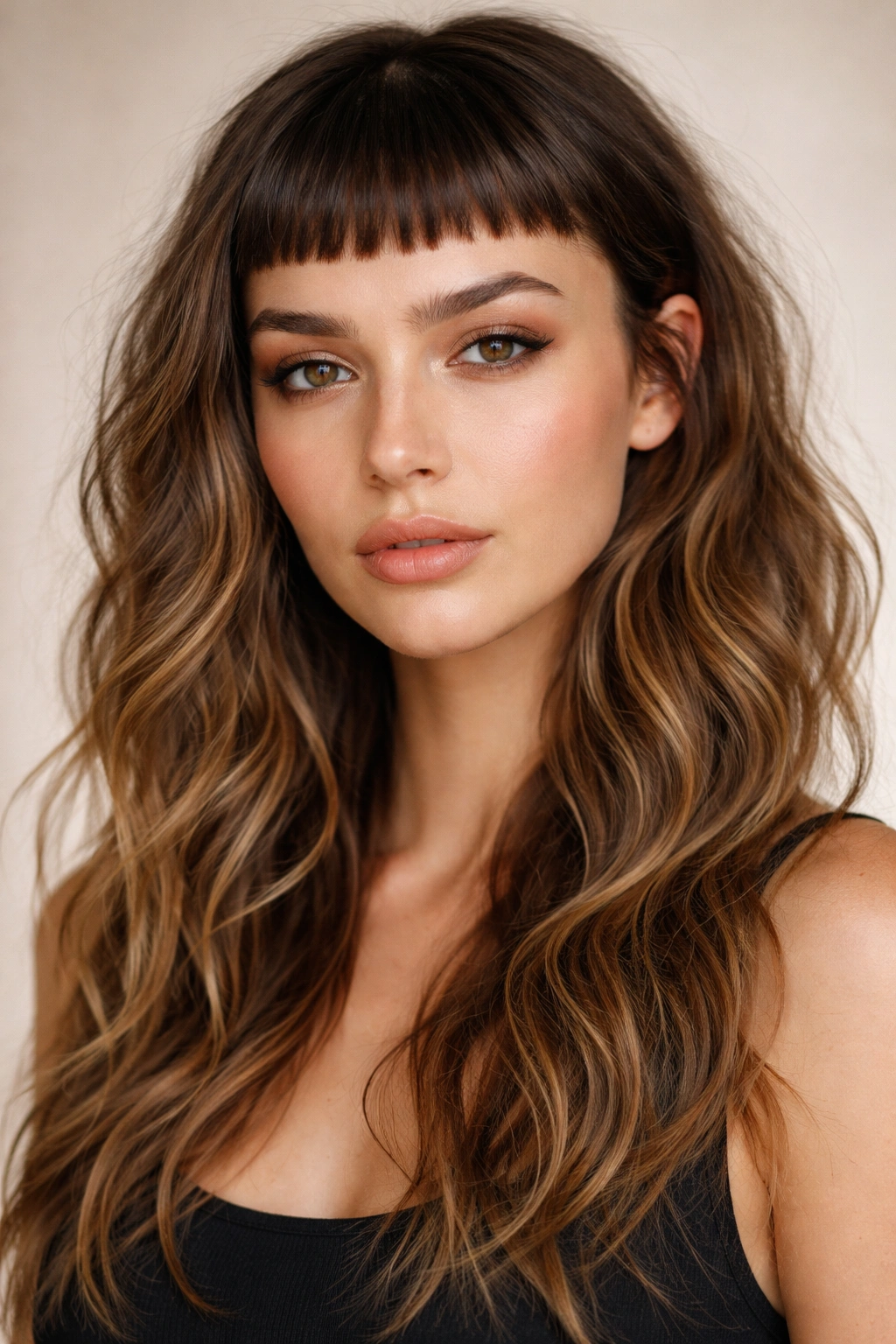 Close-up of micro bangs with waves hairstyle on model, highlighting high forehead bangs and textured waves