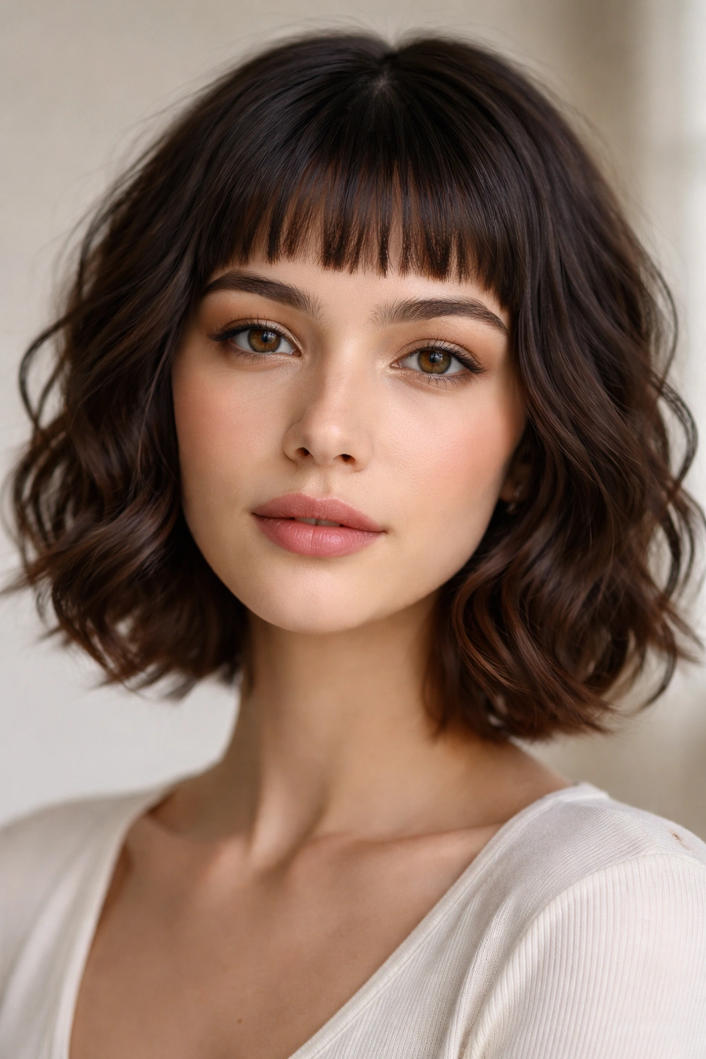 20 Wavy Haircuts For Every Length And Face Shape 7 Close-up of micro bangs with textured waves on a chin-length hairstyle
