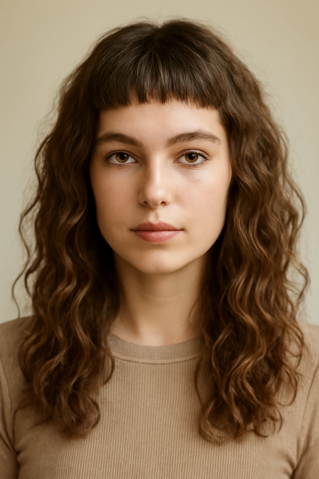 Face-framing micro bangs with longer wavy length below for bold contrast