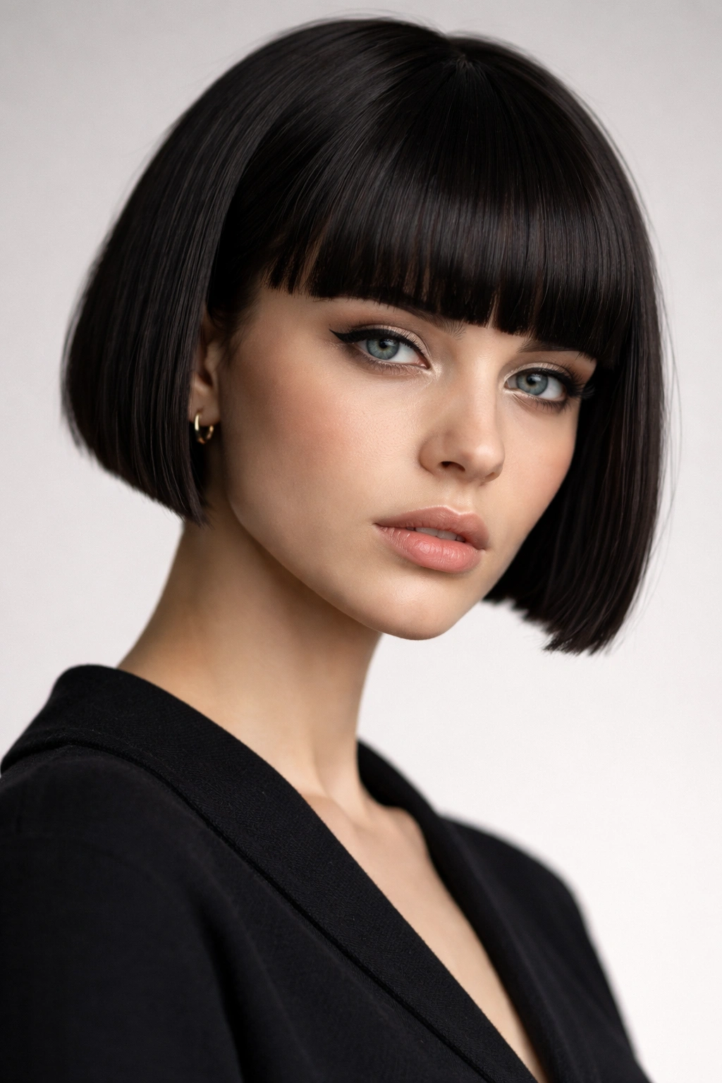 Portrait of a person with a micro bob and thick blunt bangs, crisp geometric lines