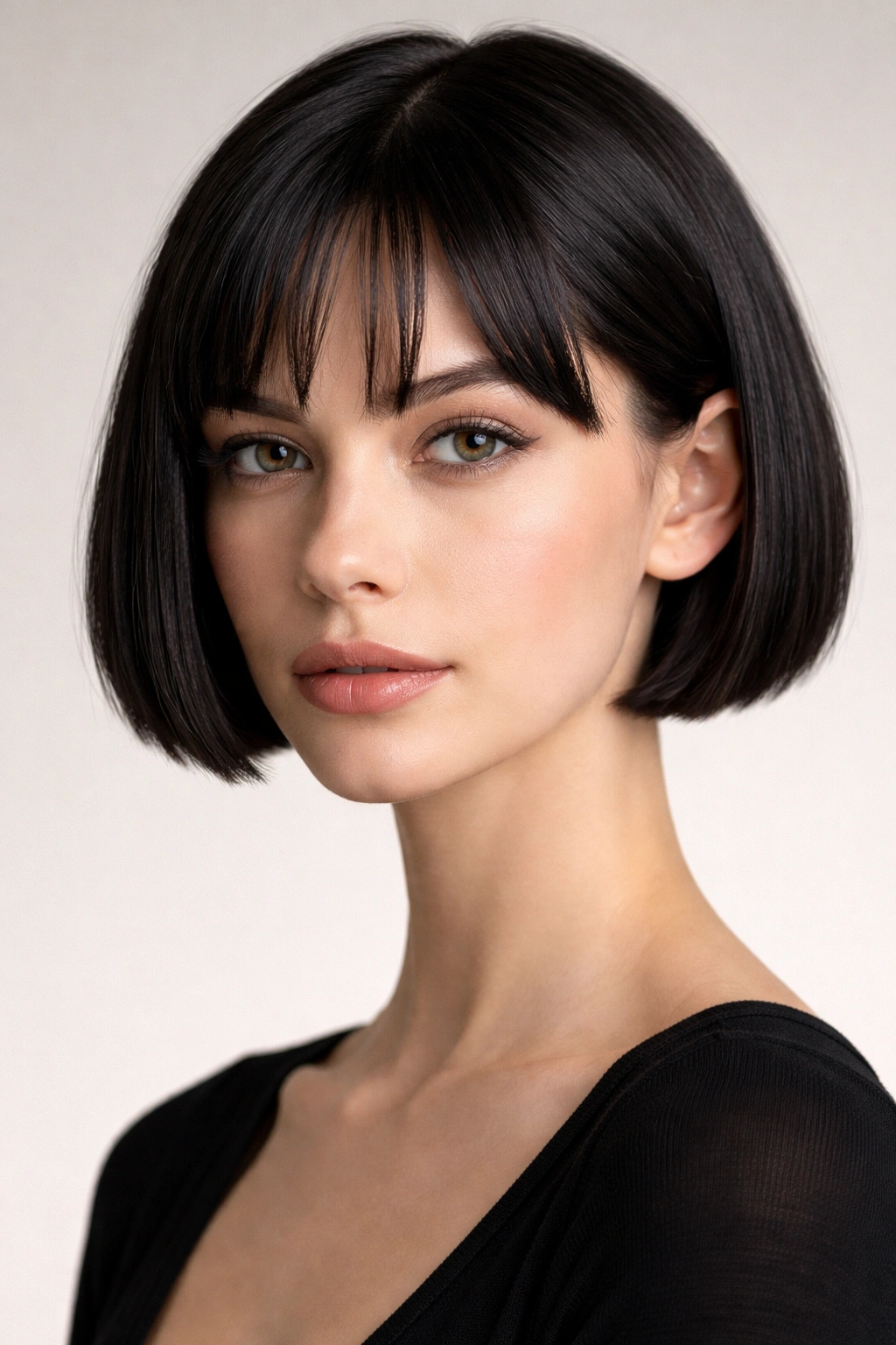 Micro bob for long faces with straight hair showing blunt, precise edge