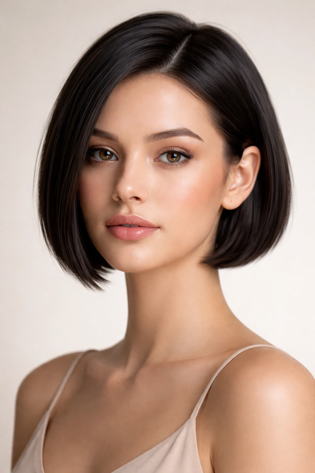 Close-up portrait of a micro bob on straight hair with precise lines