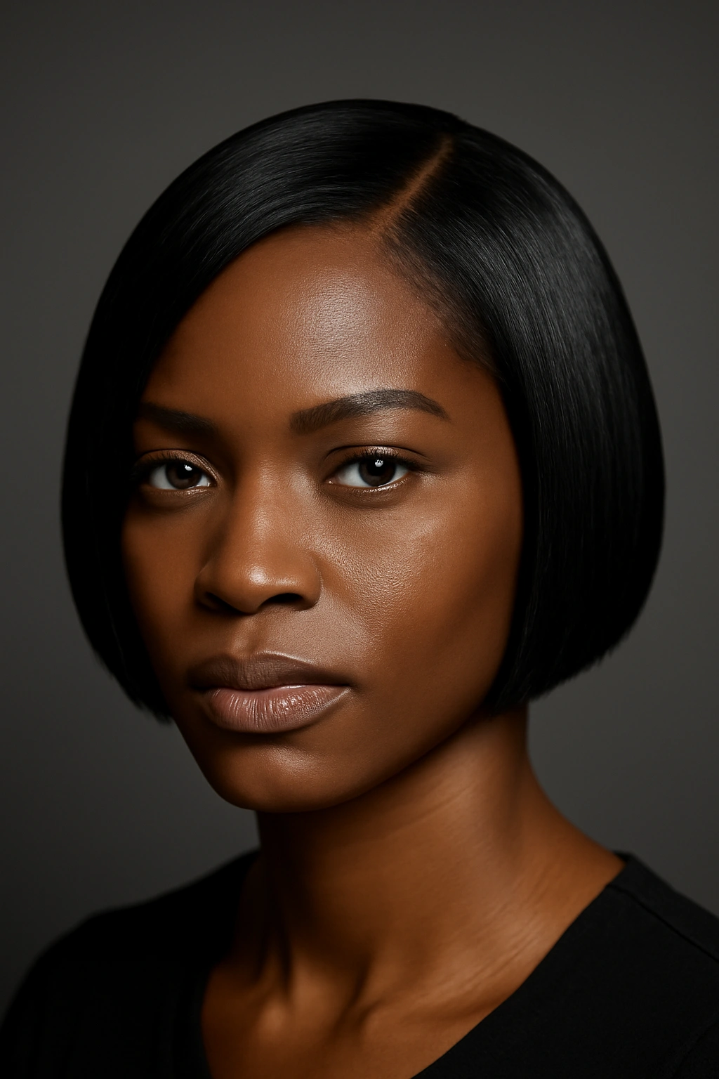 12 Bob Haircuts for Black Women Worth Bookmarking 4 Close-up of a Black woman with a micro bob, crisp edges and glossy finish.