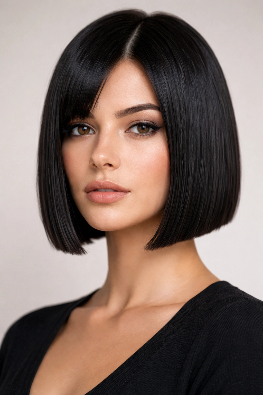 Close-up of jaw-length sleek blunt micro bob in studio lighting