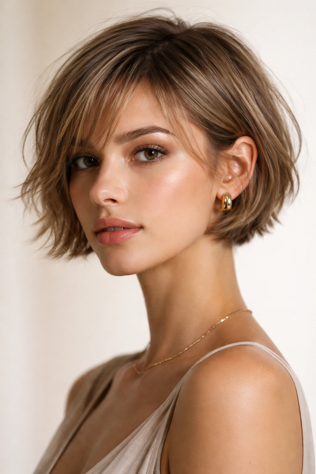 Ultra-short micro bob with textured layers at ear length