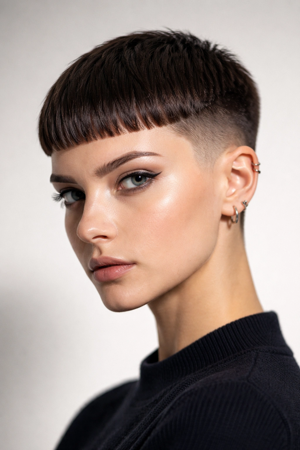 Close-up of an ultra-short micro bowl cut with tapered sides