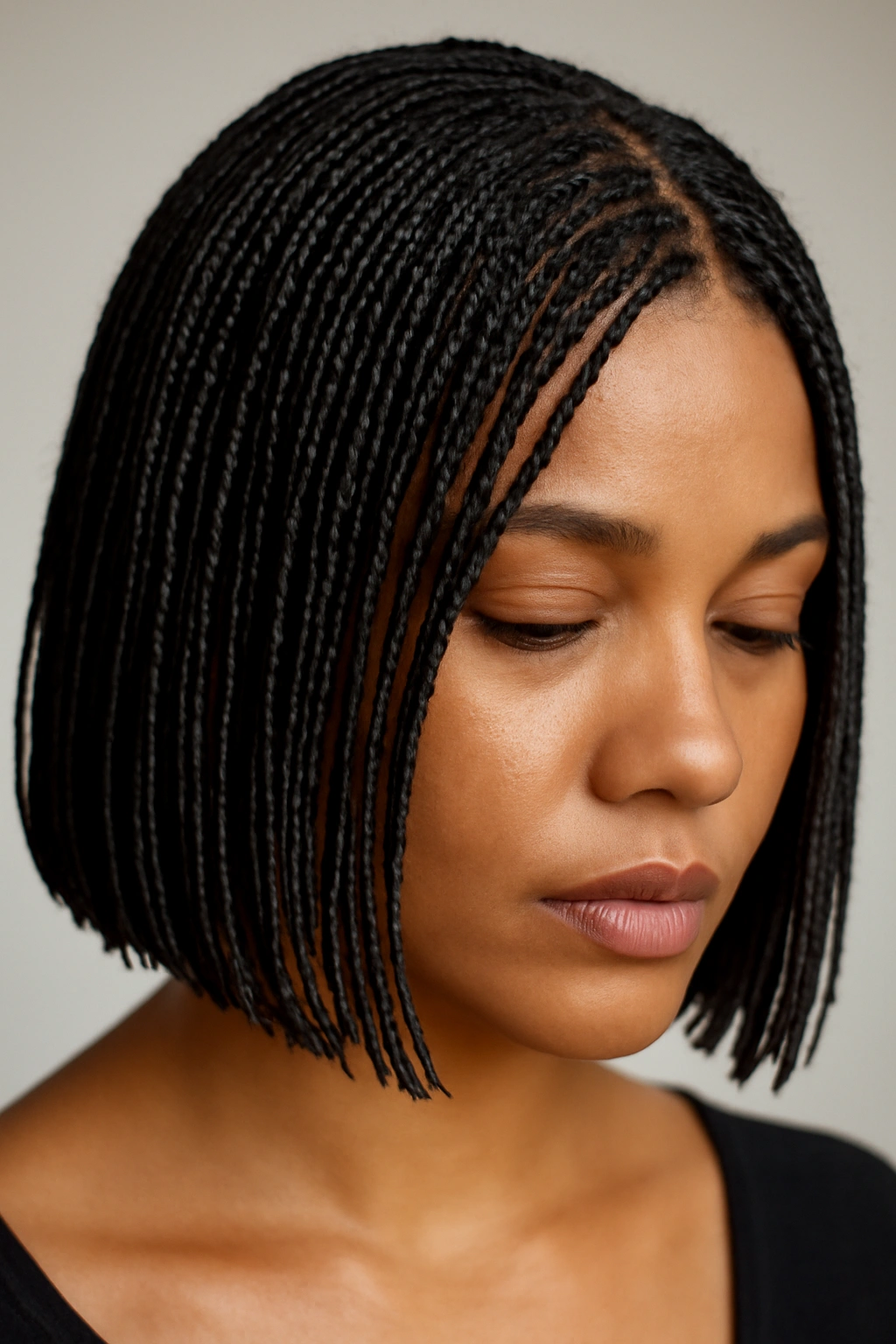 20 Box Braid Styles From Short Bobs to Waist Length 2 Close-up of chin-length micro box braids showing fine texture