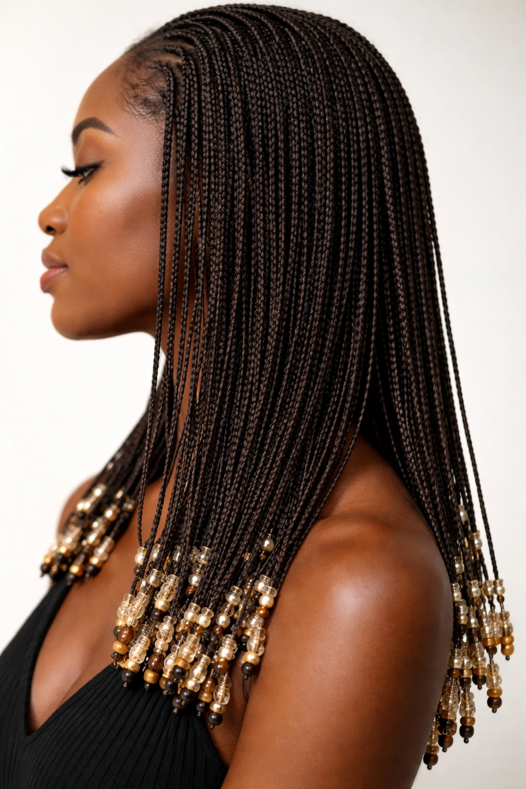 12 Crochet Hairstyles Black Women Are Rocking Now 8 Close-up of micro braids with beaded ends elaborating intricate detail.
